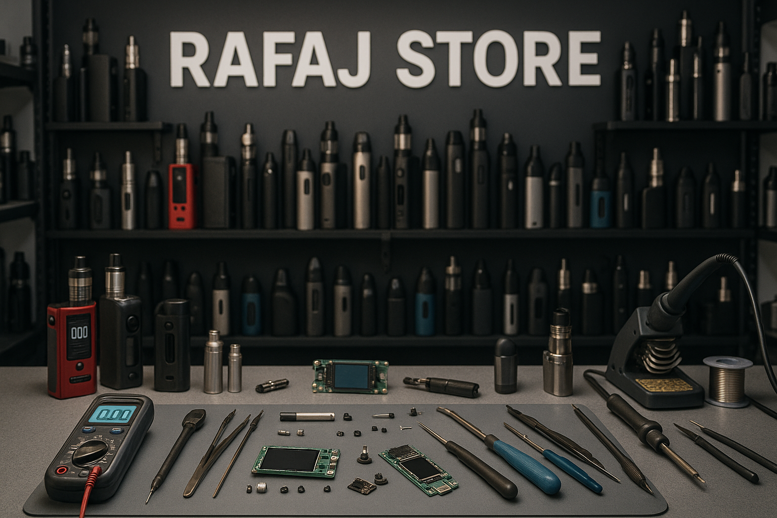 name is rafaj store,the store is selling lcd replacment for many vape,create image text rafaj store and the backgroud is many vape and the component like in the service station